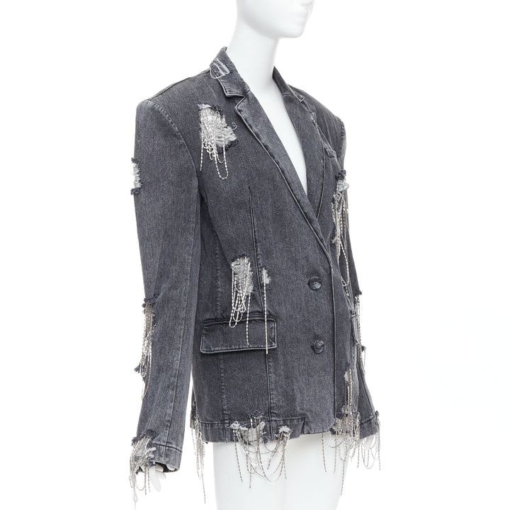 MARKGONG grey denim clear beads chain embellished blazer FR36 S