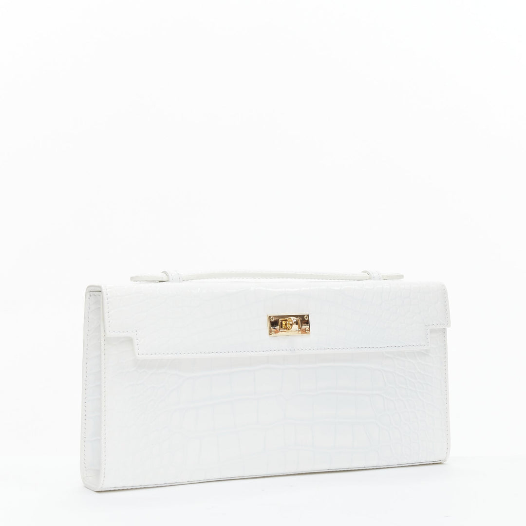 FERIDA YANG Bespoke white matte scaled leather gold buckle long flap clutch