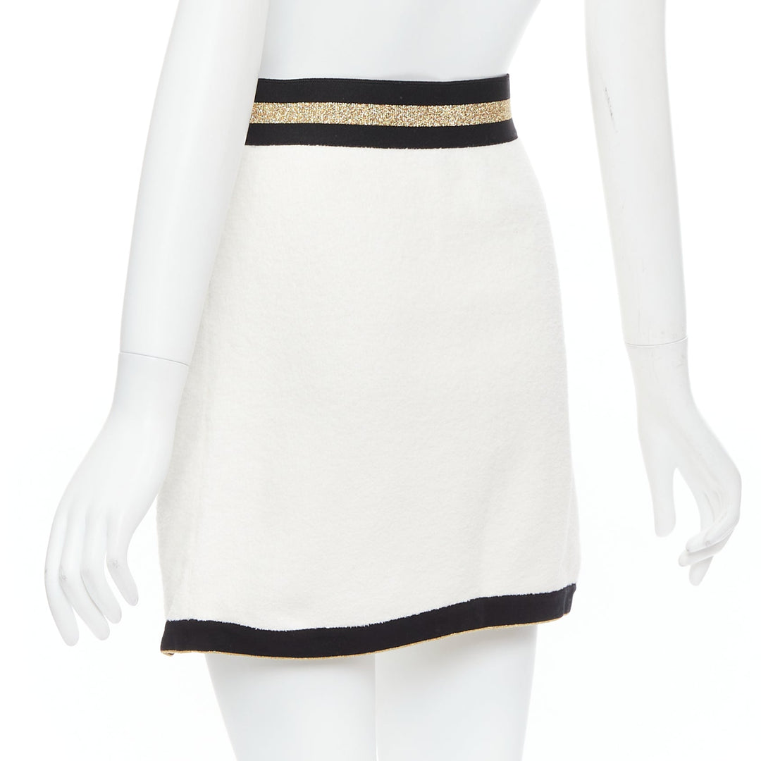 CHANEL cream cotton tweed nautical CC gold button A-line skirt FR34 XS