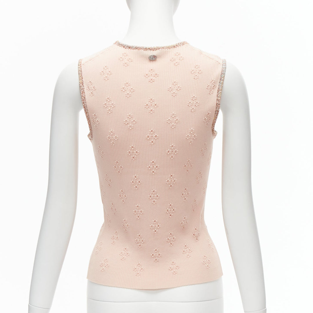 CHANEL 17C Coco Cuba pink cotton byzantine cross pointelle knit trim vest FR40 L