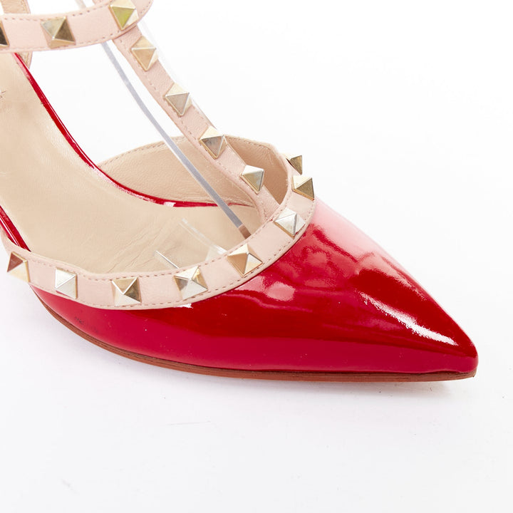 VALENTINO Rockstud red patent caged nude leather strappy heels EU38