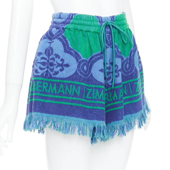 ZIMMERMANN Tiggy blue green terry cloth logo fringe shorts US0 XS