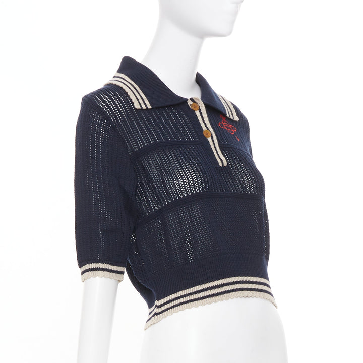 VIVIENNE WESTWOOD navy open stitch cotton linen embroidered orb polo top M