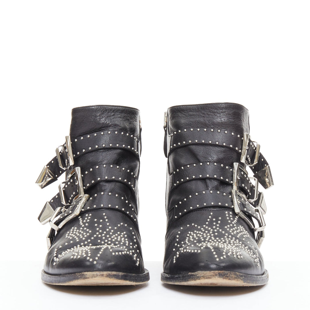 CHLOE Susanna black leather silver studded buckles rock grunge boots EU39