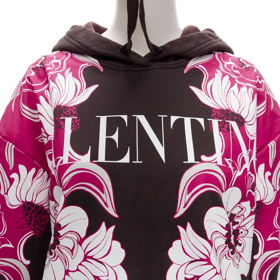 VALENTINO 2022 brown pink floral logo print cotton oversized hoodie S