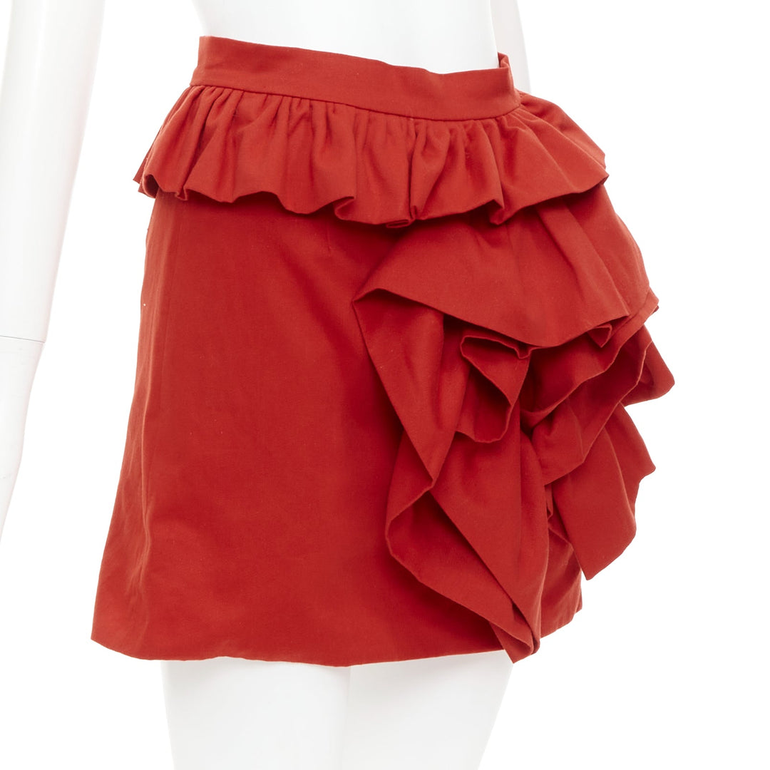 LOU LOU red cotton twill ruffle front high waisted mini skirt XS