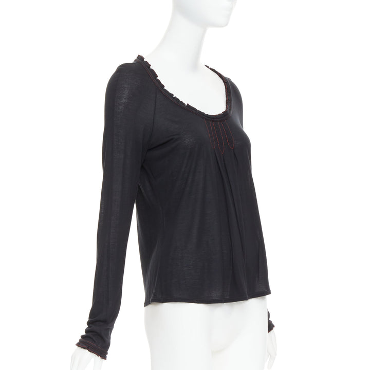 GUCCI 2006 Vintage black red overstitch nylon modal scoop neck plisse top M