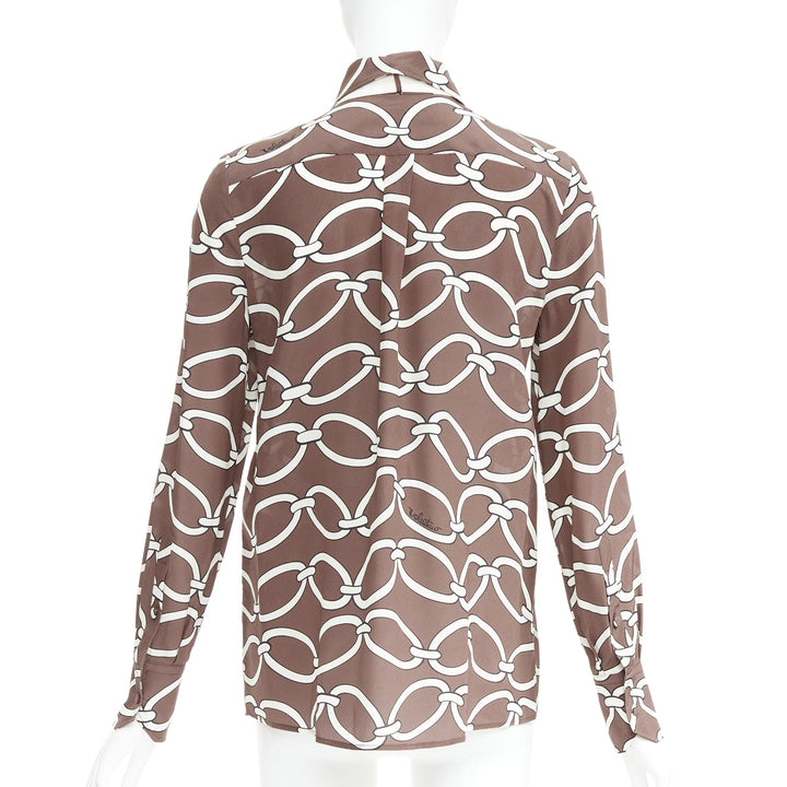 VALENTINO Chain 1967 brown cream crepe de chine silk tie neck blouse IT38 XS