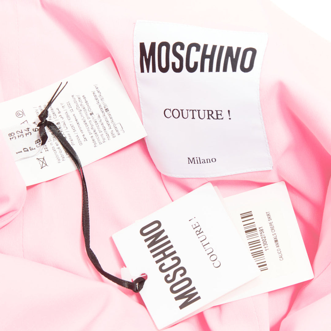 MOSCHINO COUTURE! 2022 Runway Calico Animals pink cream mini skirt IT38 XS