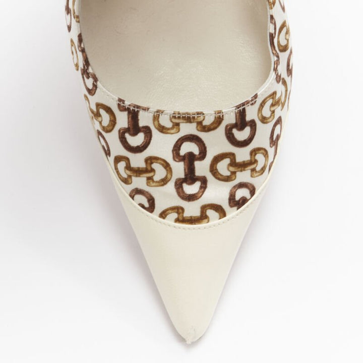 GUCCIN Vintage white leather trim brown horsebit bamboo print satin pump EU36 C