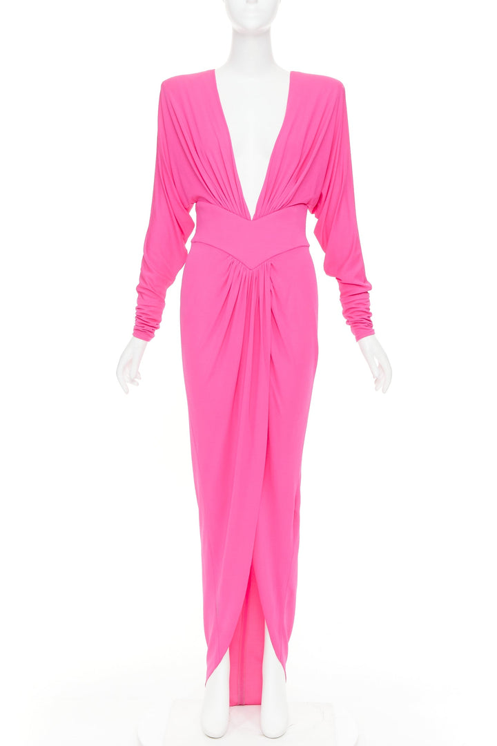 ALEXANDRE VAUTHIER pink viscose Power shoulder plunge drape dress FE36
