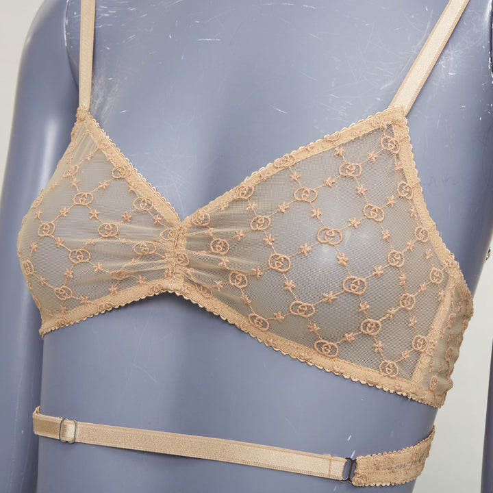 GUCCI Alessandro Michele GG Star nude monogram embroidered tulle lingerie set S