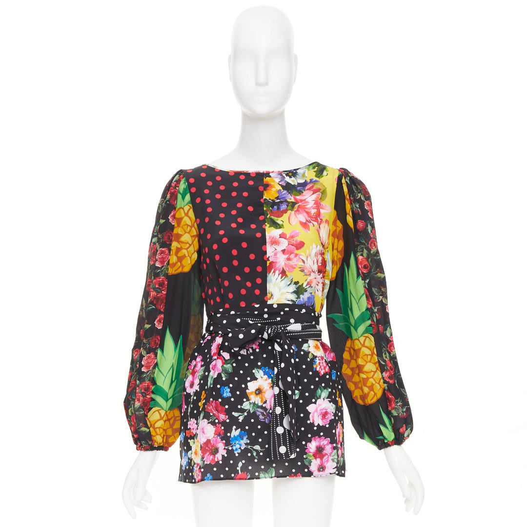 DOLCE GABBANA 2021 Runway patchwork floral pineapple polka dot silk top IT38 XS