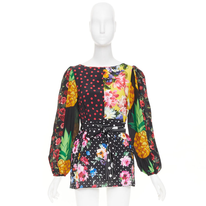 DOLCE GABBANA 2021 Runway patchwork floral pineapple polka dot silk top IT38 XS