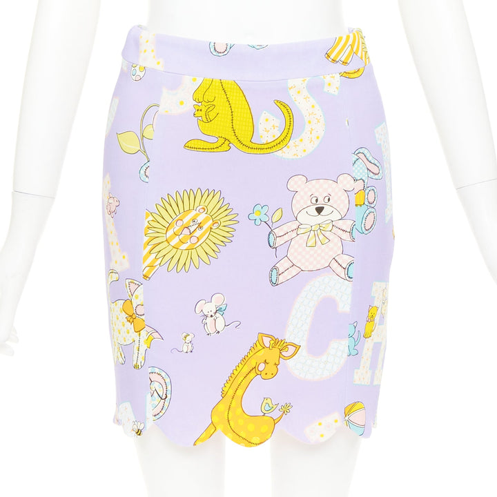 MOSCHINO COUTURE! 2022 Runway Calico Animals purple scallop mini skirt IT42 M