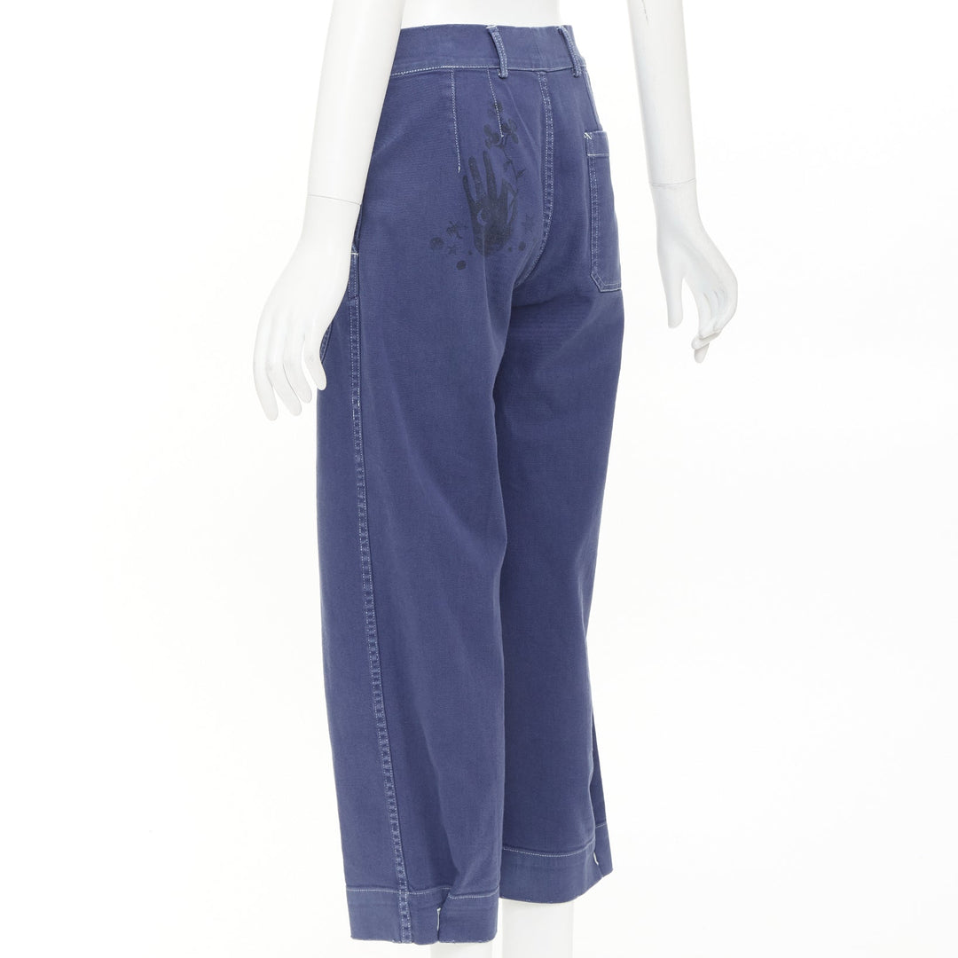 DIOR blue cotton whtie stitch palm print back utility cargo pants FR36 S