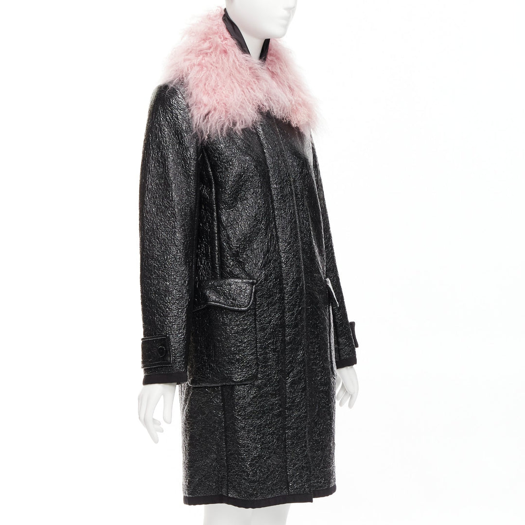 MONCLER pink tibet lamb fur black patent cotton virgin wool blend coat Sz1 M