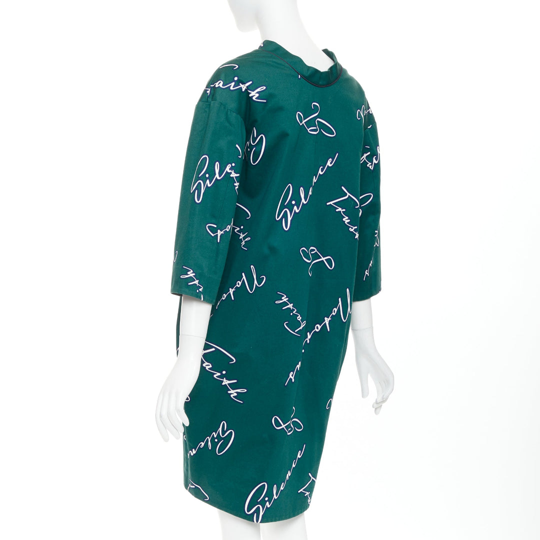 JIL SANDER green white cotton italic words graphic print cocoon dress FR32 XXS