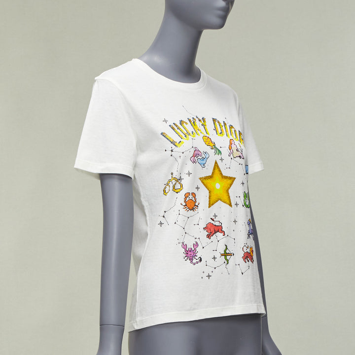 DIOR Lucky Dior Zodiac Pixel print white cotton linen short sleeve tshirt XS