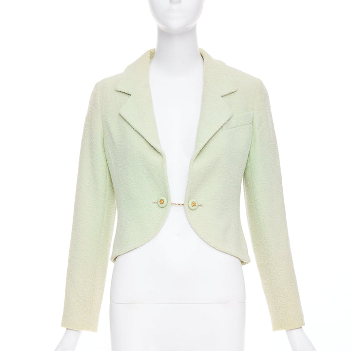 CHANEL 94P Vintage mint green boucle wool chain buttons cropped jacket FR42 XL
