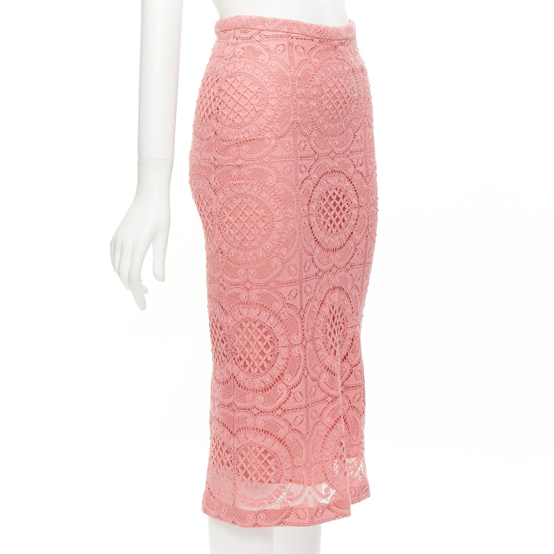 BURBERRY Runway pink cotton blend floral lace high waisted pencil skirt IT36 XXS