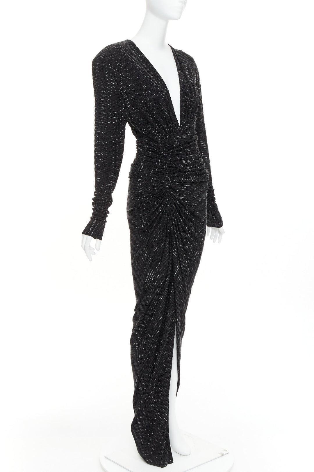 ALEXANDRE VAUTHIER black strass crystal Power shoulder padded wrap draped gown