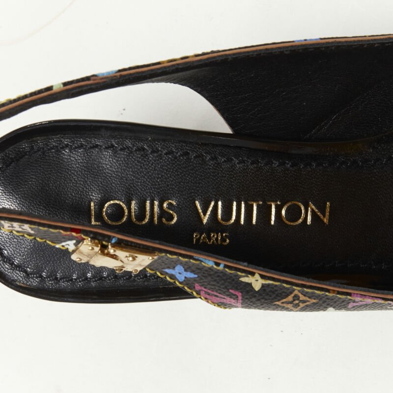 LOUIS VUITTON black multicolour monogram gold stud slingback pump EU36.5