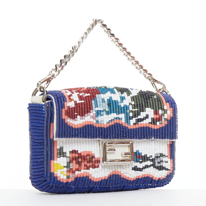 FENDI Micro Baguette blue colorful needlepoint beaded FF logo flap chain bag