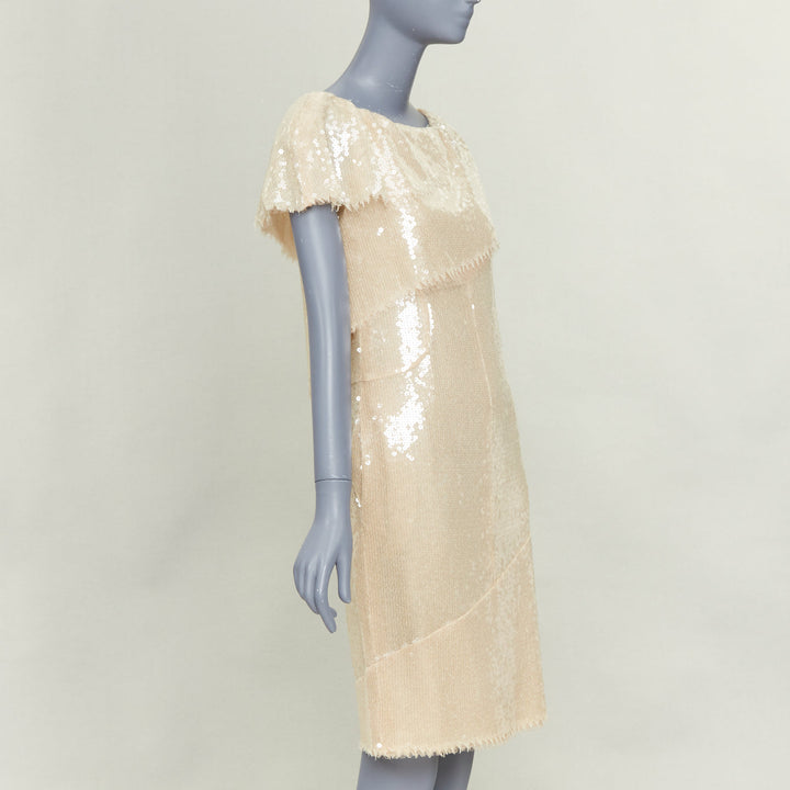 CHANEL Bridal 08P beige sequinned raw edge asymmetric capelet shift dress FR36 S