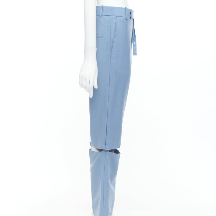 CELINE Phoebe Philo blue mohair wool knee cut out wide trousers FR36 S