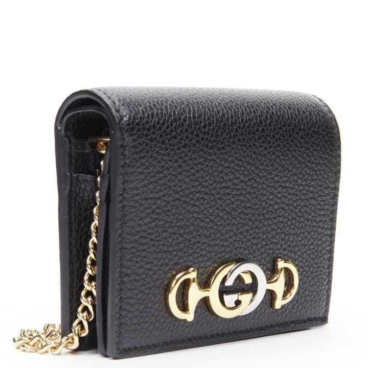 GUCCI 570660 Zumi black leather GG Horsebit bi-fold wallet on chain nano bag