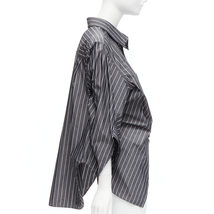 BALENCIAGA Wardrobe Demna 2021 grey pinstripe logo deconstructed shirt FR34 XS