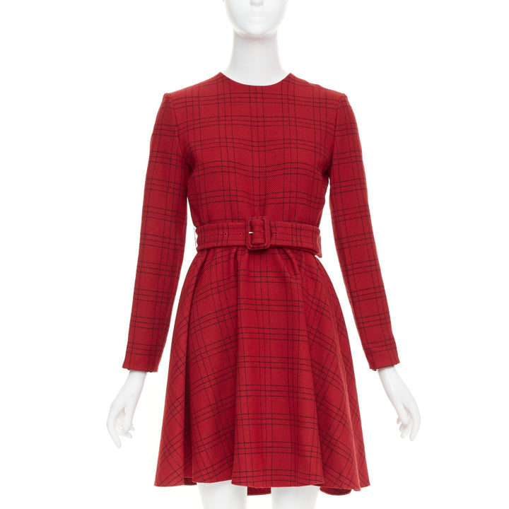 CHRISTIAN DIOR 2018 red plaid check virgin wool belted A-line dress FR36 S
