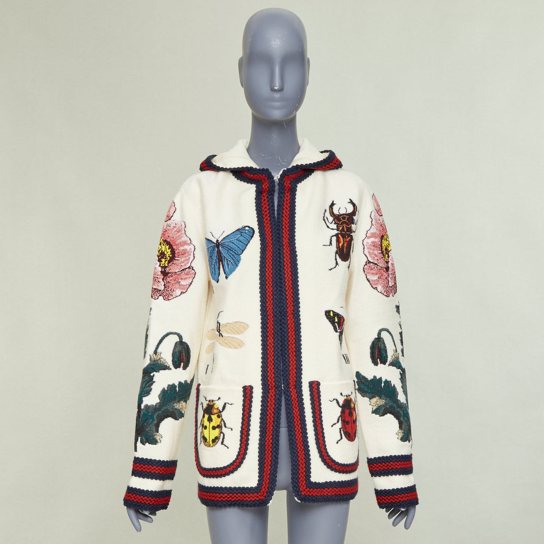 GUCCI Garden 2017 Runway white wool floral insect floral hood cardigan coat XXS
