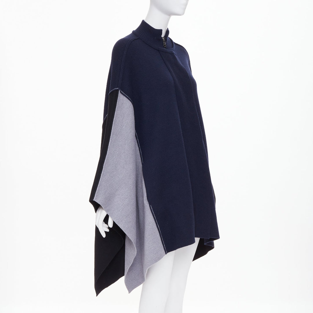 CHLOE 2019 navy black grey colorblock visible stitch zip up knit wool poncho M