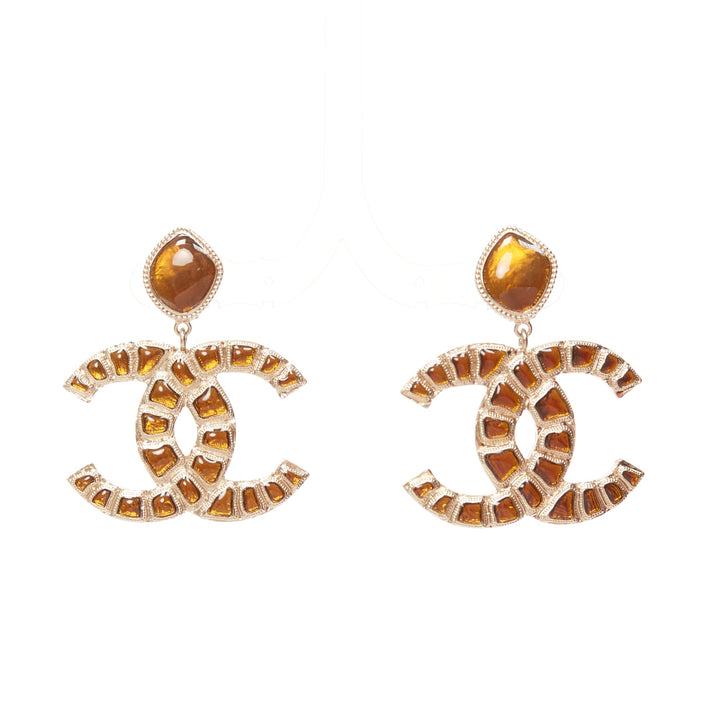 rare CHANEL B19A Along The Nil gold metal orange gripoix clip on earrings Pair