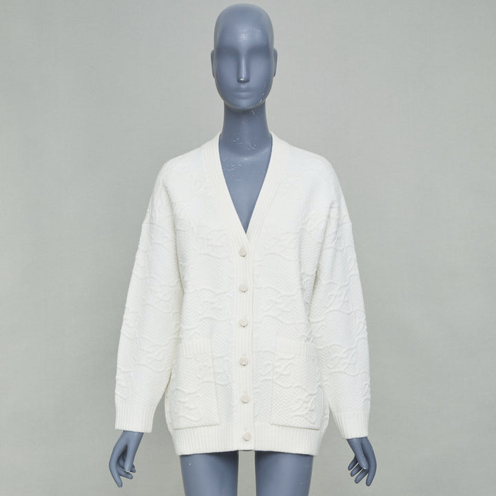 FENDI 2021 heavyknit ivory virgin wool embossed FF monogram cardigan IT38 XS
