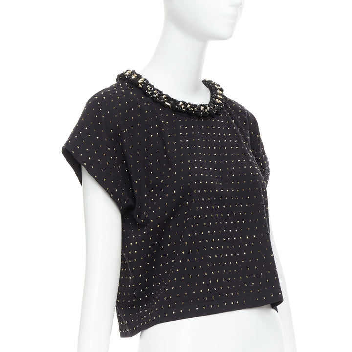 BALMAIN gold crystal rhinestone chain embellished black crop tshirt XS