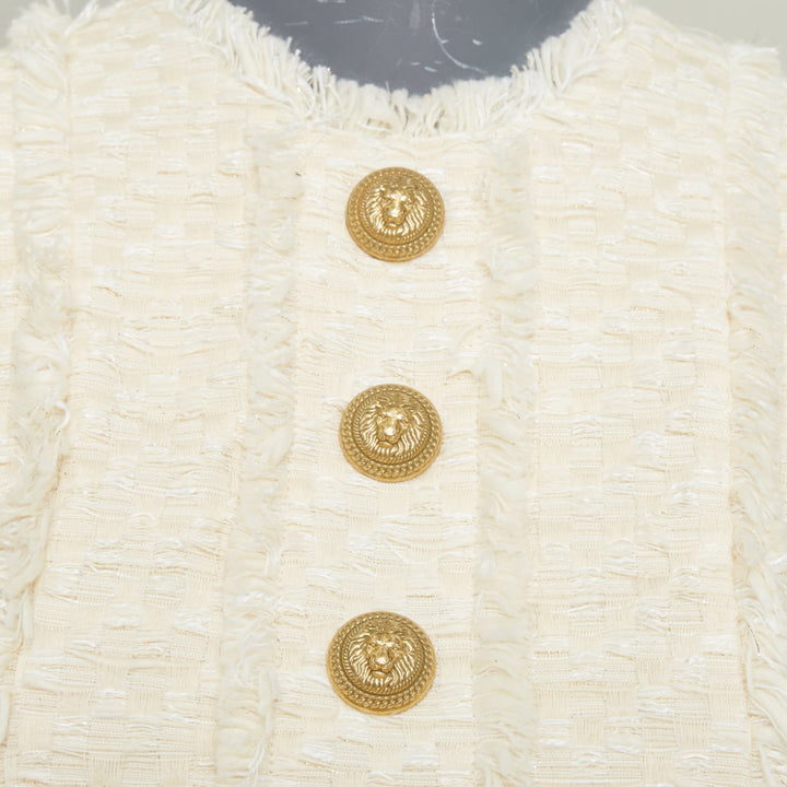 BALMAIN 2023 fringe tweed lion button sleeveless crop cropped gilet vest FR36 S