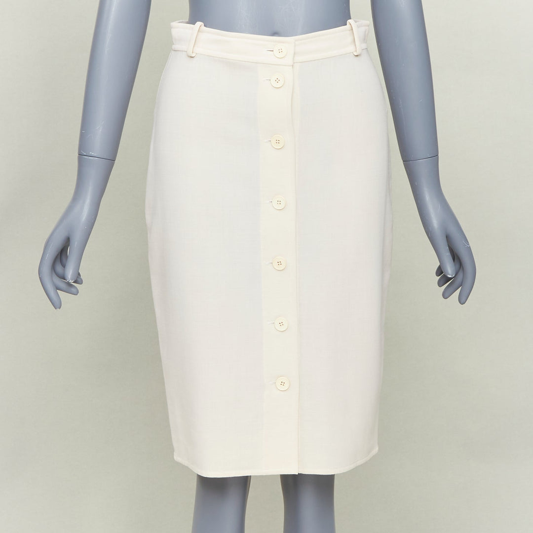 HERMES beige virgin wool blend button front high waisted pencil skirt FR34 XS