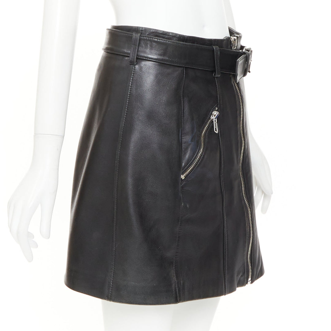 CLAUDIE PIERLOT black soft leather zip belted pocketed biker mini skirt FR36 S