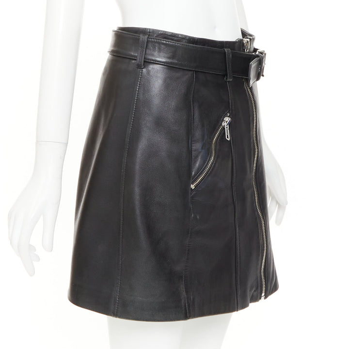 CLAUDIE PIERLOT black soft leather zip belted pocketed biker mini skirt FR36 S