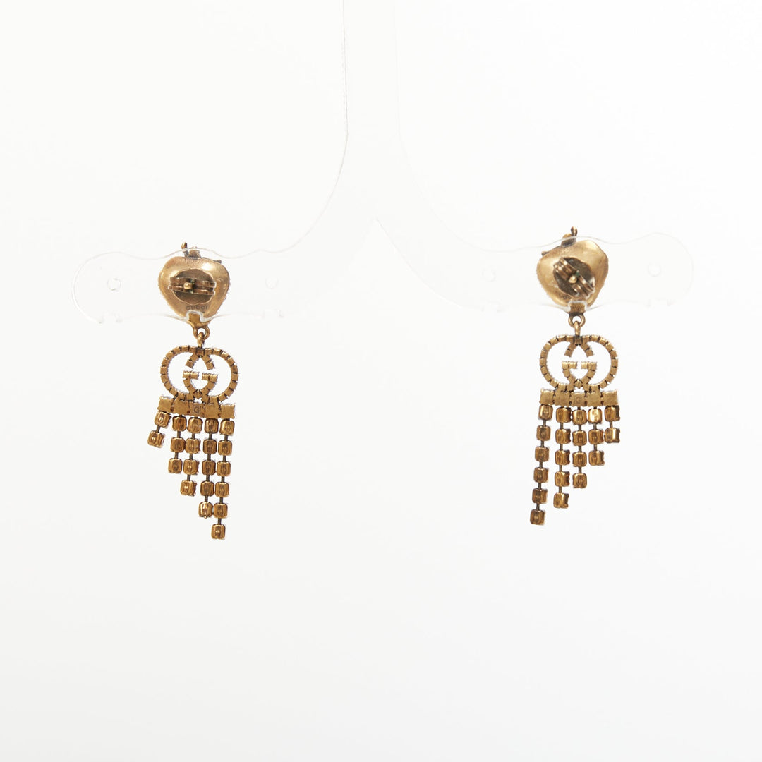 GUCCI 2019 GG crystal strawberry pink rhinestone tiered fringe earrings Pair