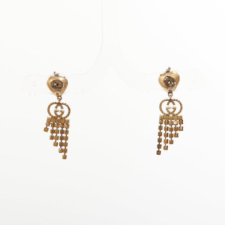 GUCCI 2019 GG crystal strawberry pink rhinestone tiered fringe earrings Pair