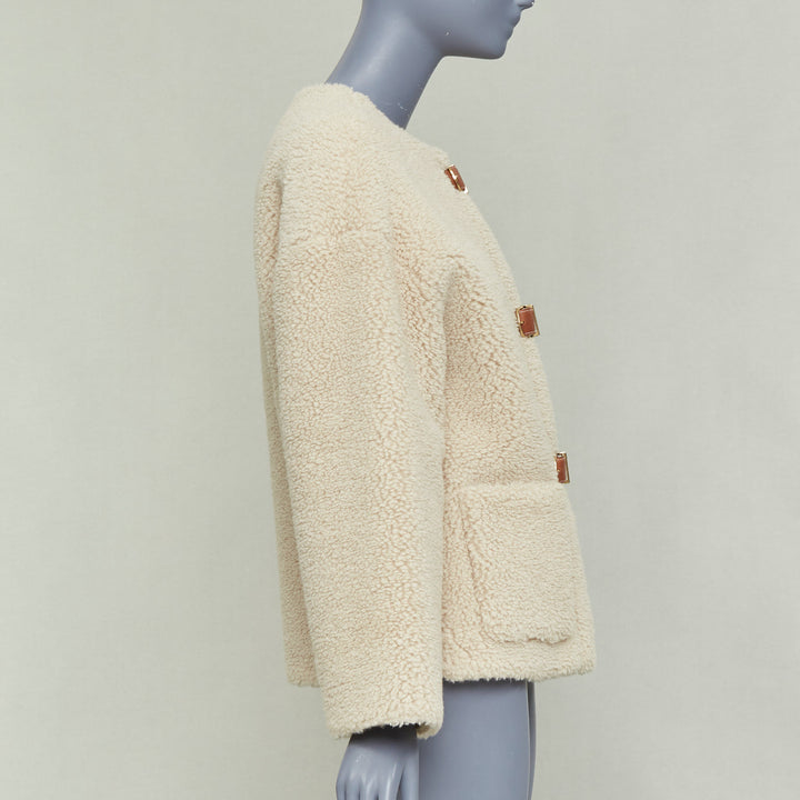 CELINE Teddy ecru cashmere silk brown calfskin leather trim buckled coat FR34 XS
