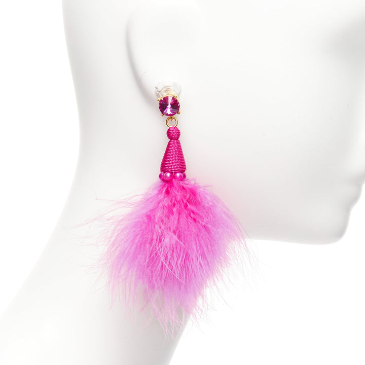 OSCAR DE LA RENTA hot pink ostrich feather bead crystal pin earrings pair