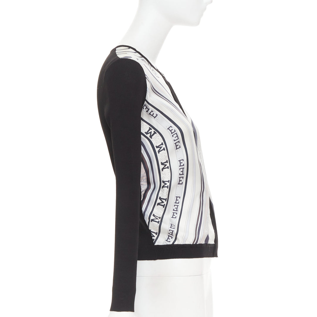 HERMES cream black 100% silk scarf panel cotton ribbed cardigan S