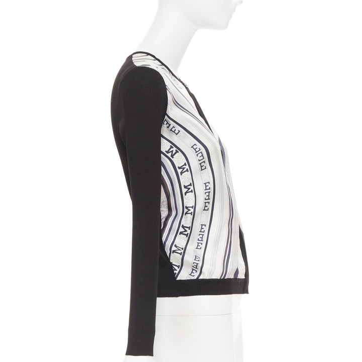 HERMES cream black 100% silk scarf panel cotton ribbed cardigan S