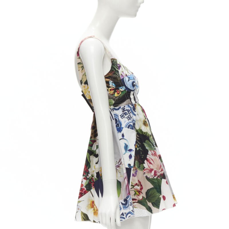 DOLCE GABBANA 2021 mixed patchwork floral boned bustier flared dress IT38 XS