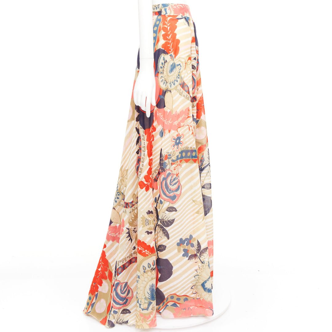 CHRISTIAN LACROIX stripe floral kaleidoscope print cotton silk skirt FR46 3XL